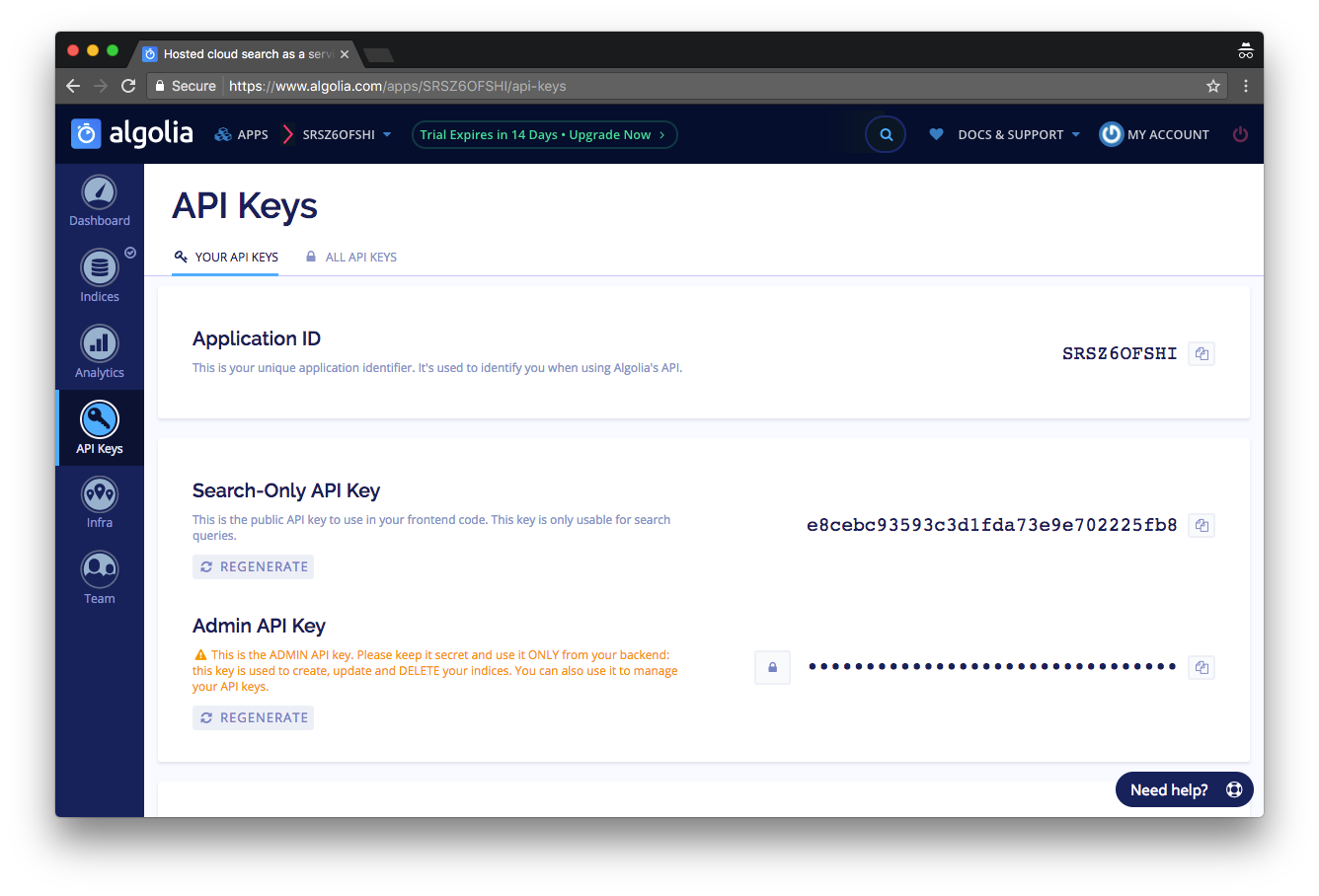 Algolia dashboard showing the Application ID, Search-Only API Key and Admin API Key