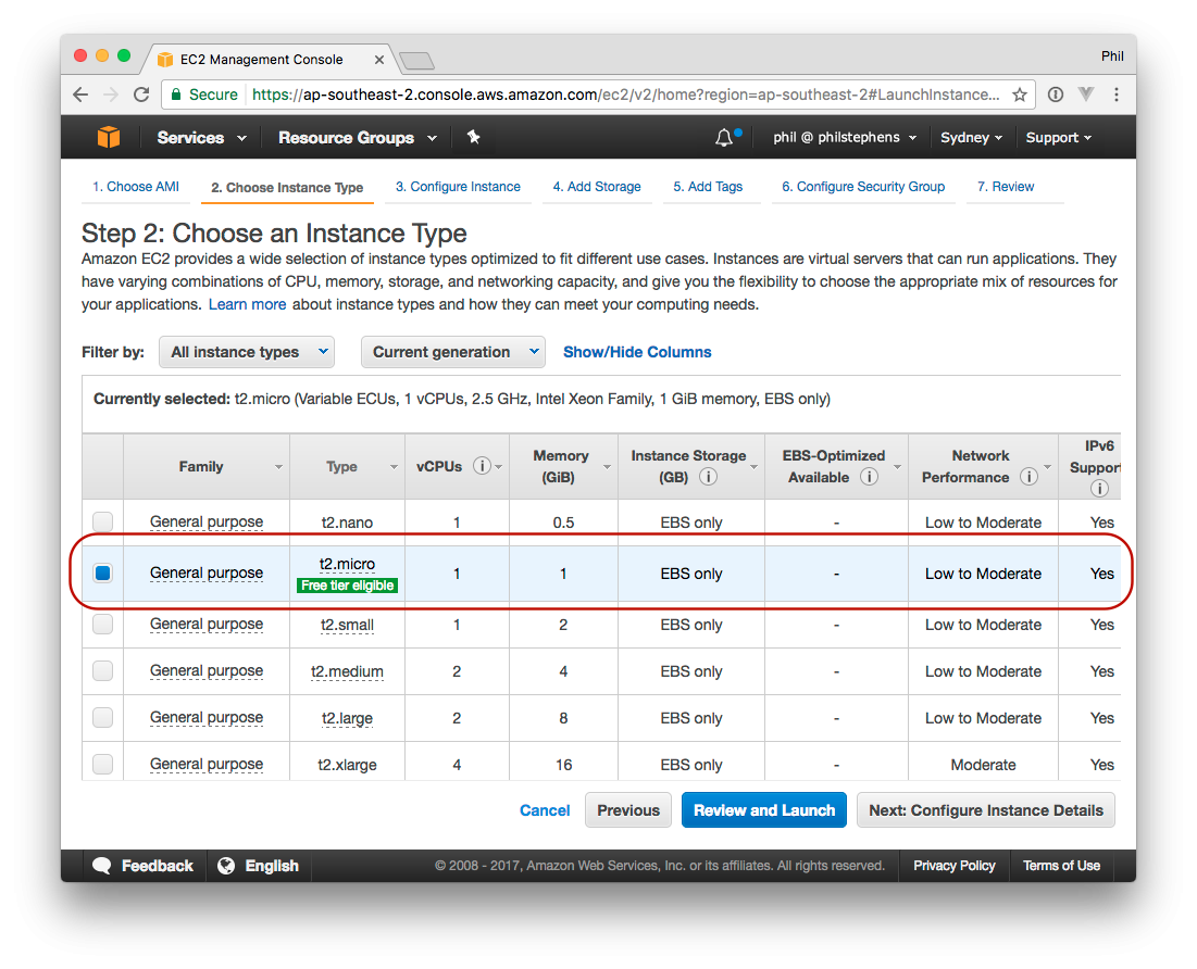 AWS EC2 wizard with the free-tier t2.micro instance type selected