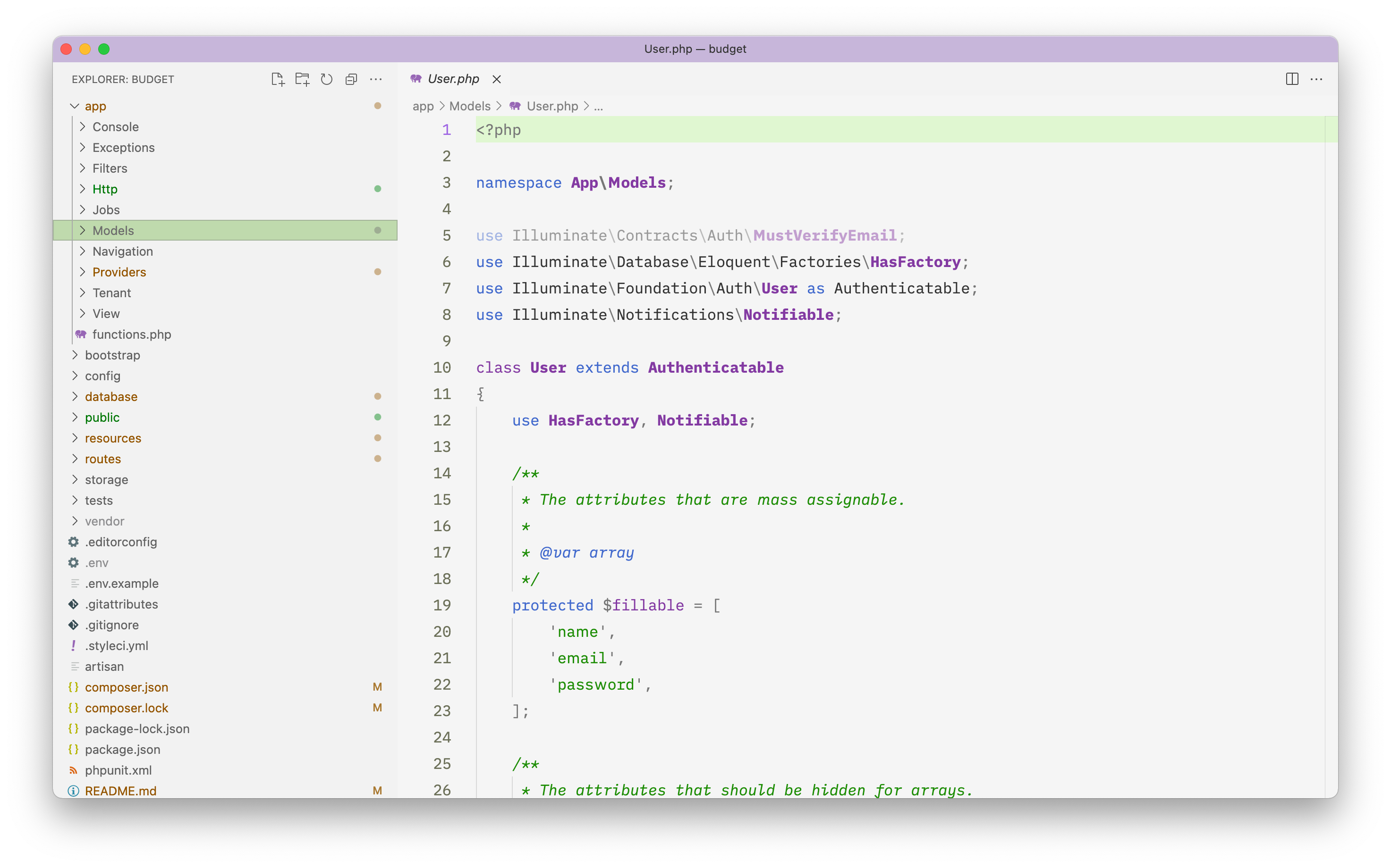 Visual Studio Code displaying a Laravel PHP file in a light theme