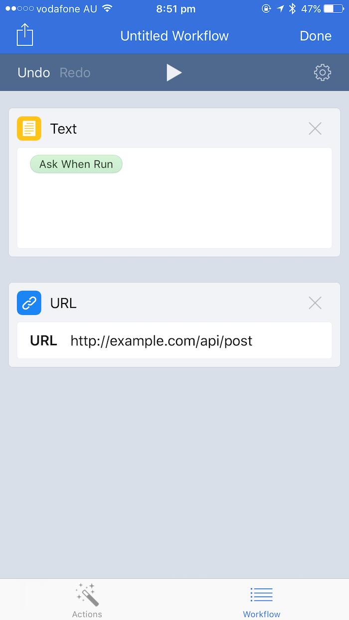 Workflow containing Text and URL actions for the publishing endpoint