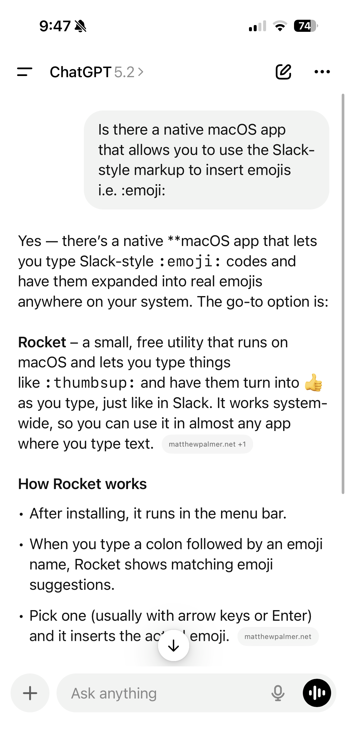 ChatGPT recommending the existing Rocket app for Slack-style emoji shortcuts on macOS