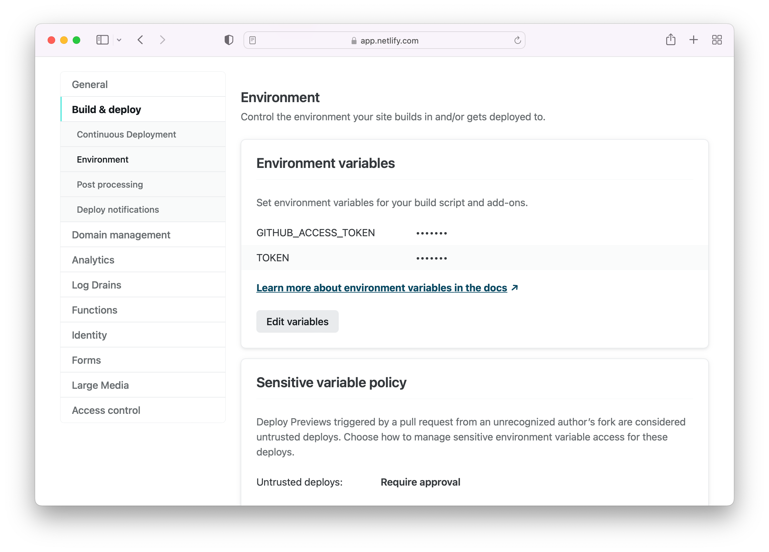 Netlify environment variables showing the TOKEN value masked