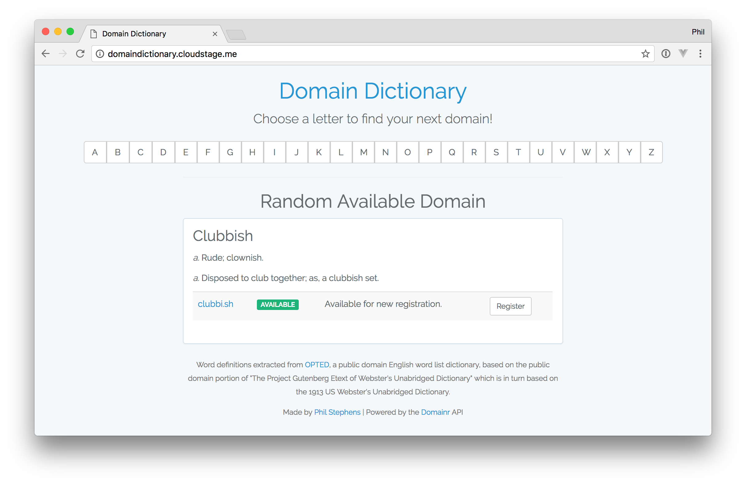 Domain Dictionary showing the randomly selected available domain Clubish