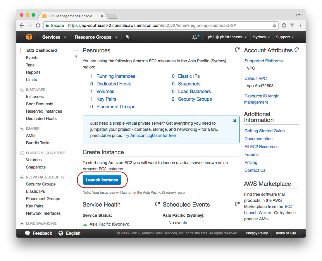 AWS EC2 dashboard with the Launch Instance button highlighted
