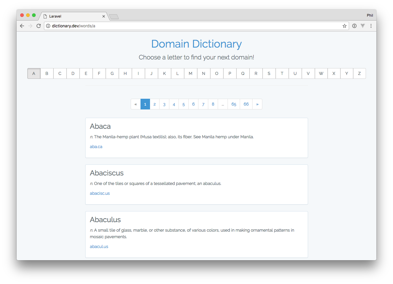 Domain Dictionary showing an alphabetical list of domain names and definitions