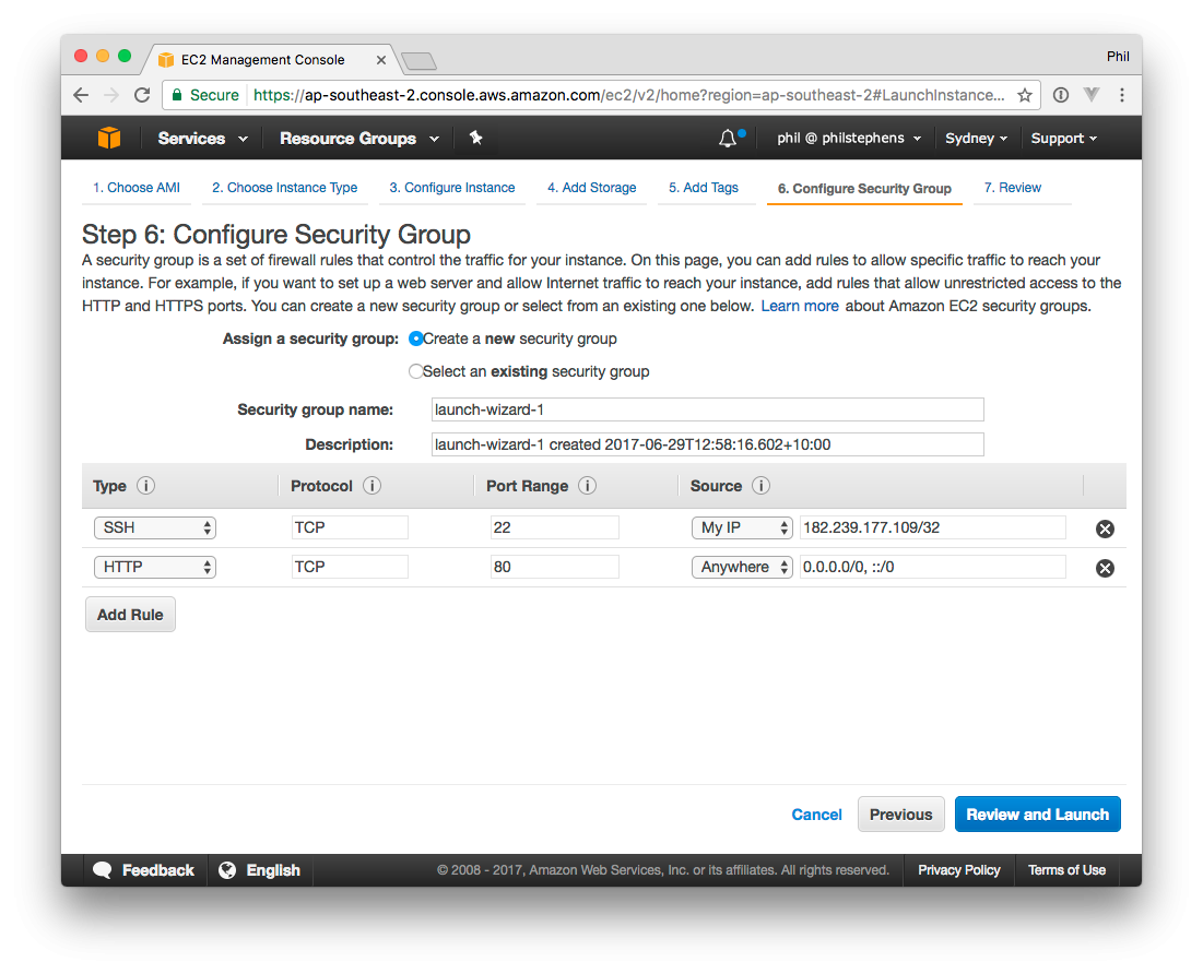AWS EC2 security group allowing SSH from the current IP and HTTP from anywhere