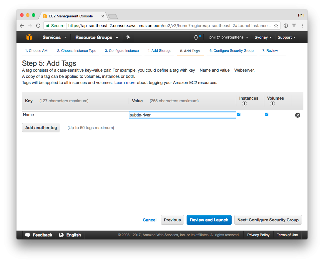 AWS EC2 wizard adding a Name tag to the instance