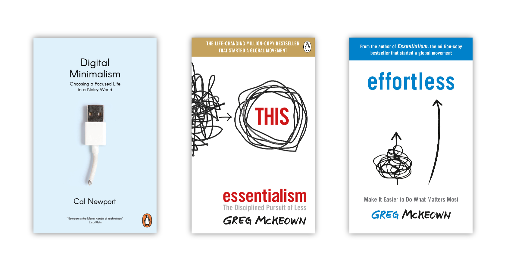 Book covers for Digital Minimalism, Essentialism and Effortless