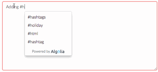 Animated demonstration of Algolia-powered hashtag suggestions beneath the post editor