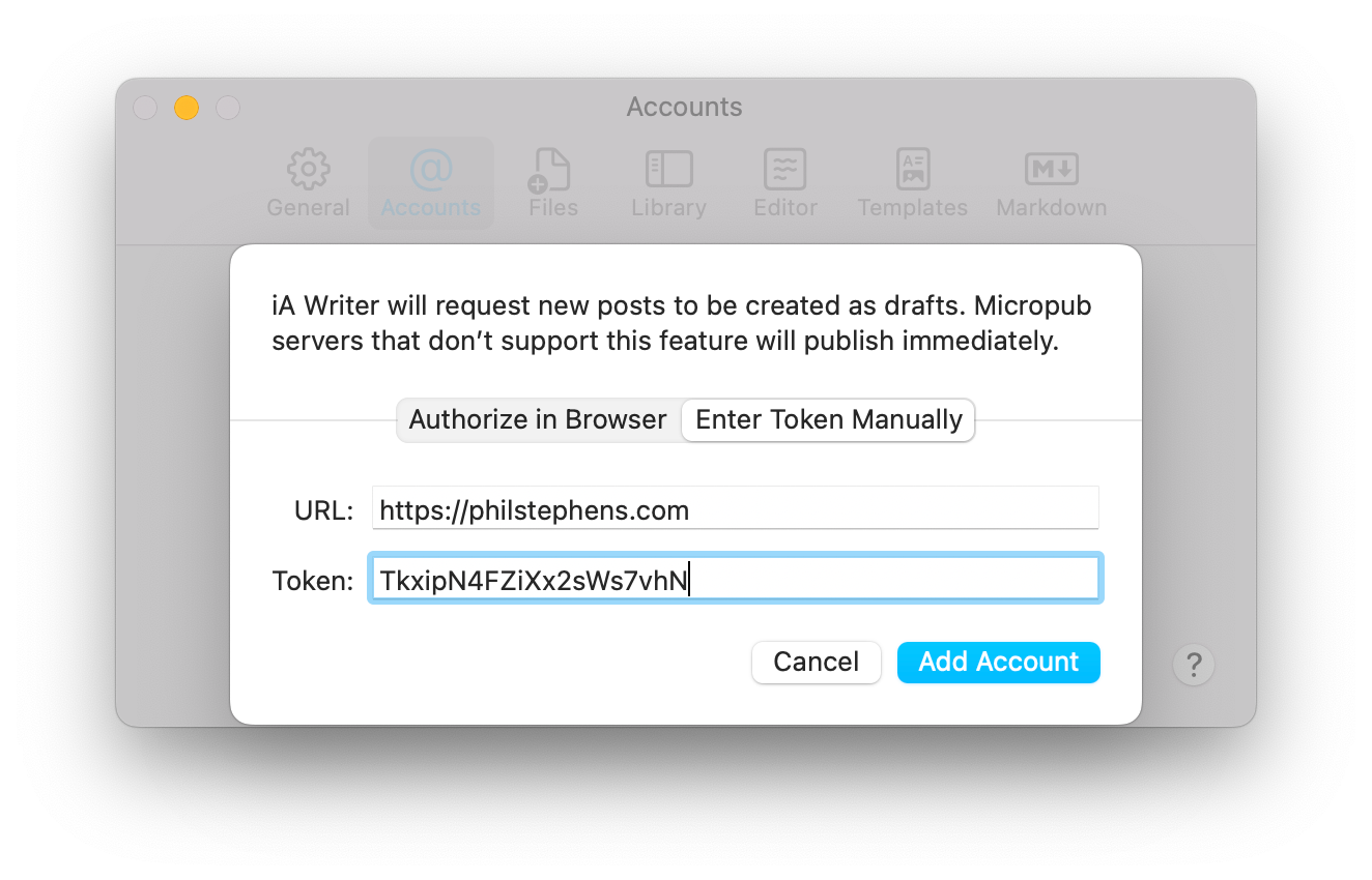 iA Writer dialog for adding a Micropub account with URL and token fields