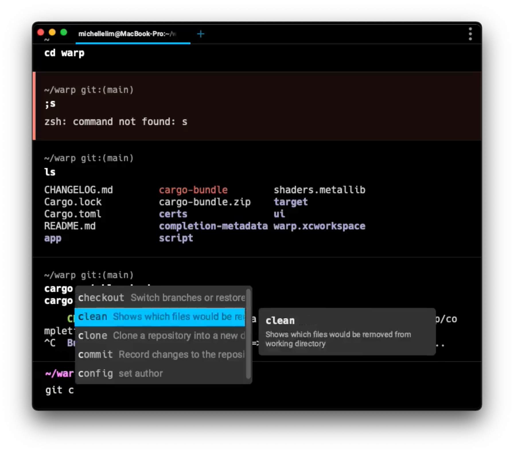 Warp terminal showing Git command suggestions and descriptions