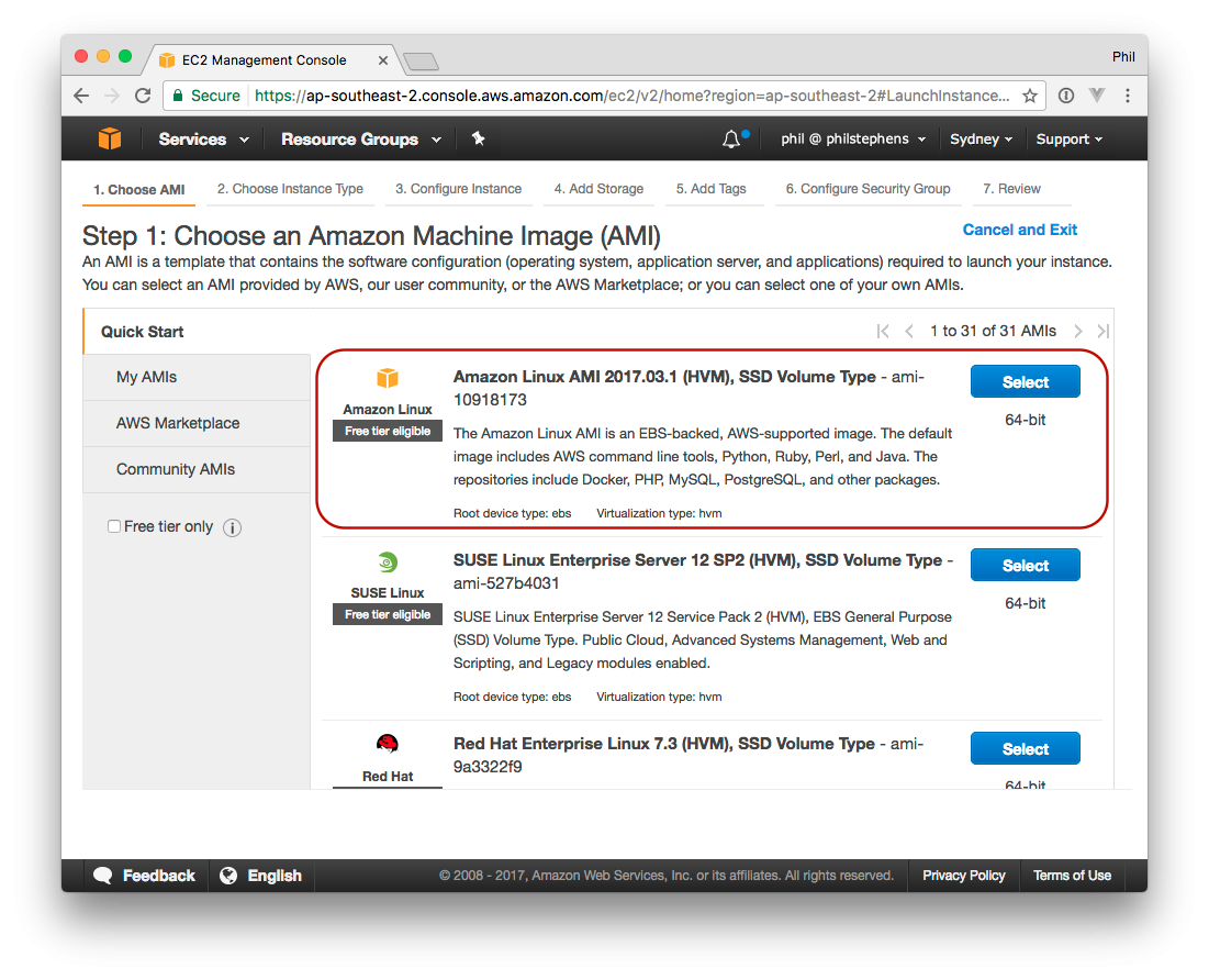 AWS EC2 wizard with the Amazon Linux AMI selected