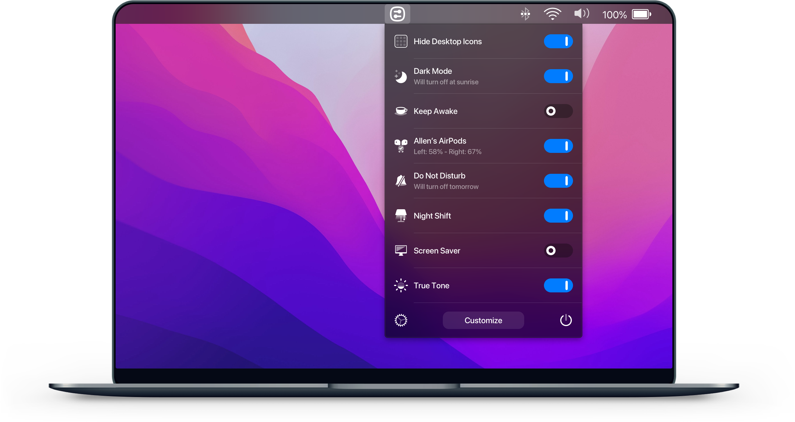 One Switch menu on a MacBook showing toggles for everyday system controls