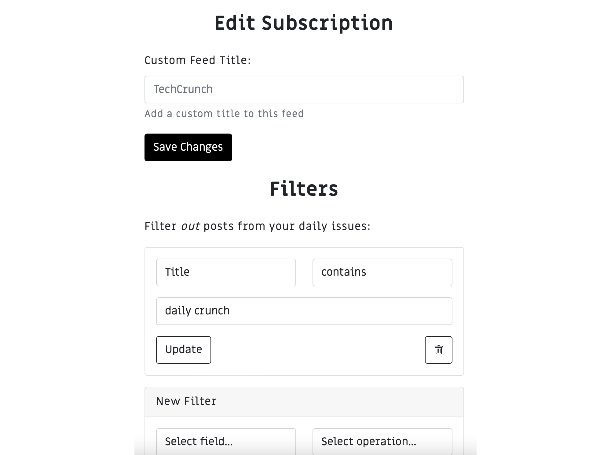 Subworthy subscription settings excluding posts whose titles contain “daily crunch”