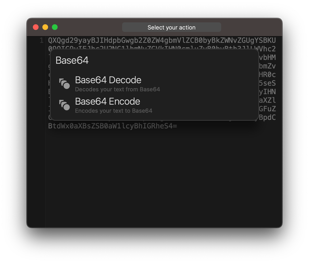 Boop's command palette showing the Base64 Decode and Base64 Encode actions