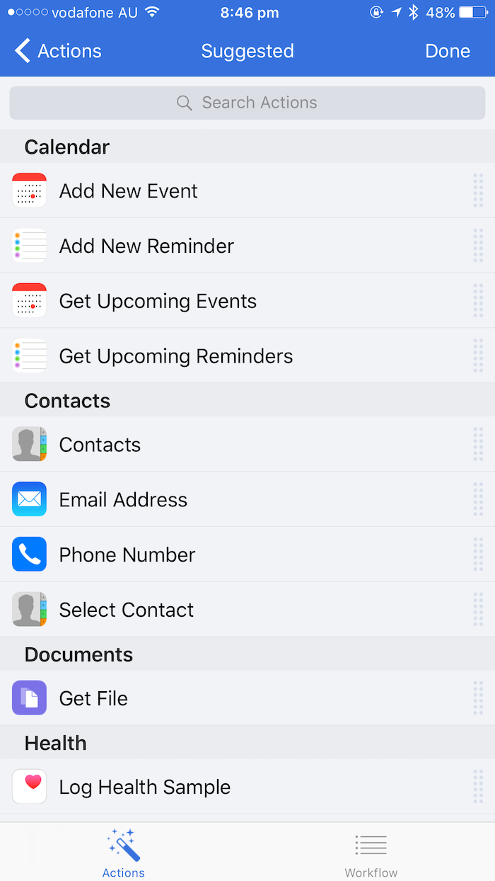 Workflow's action browser showing calendar, contact and document actions