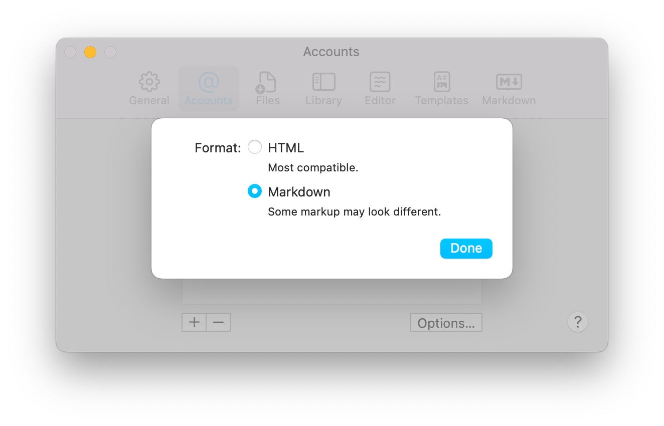 iA Writer Micropub format dialog with Markdown selected