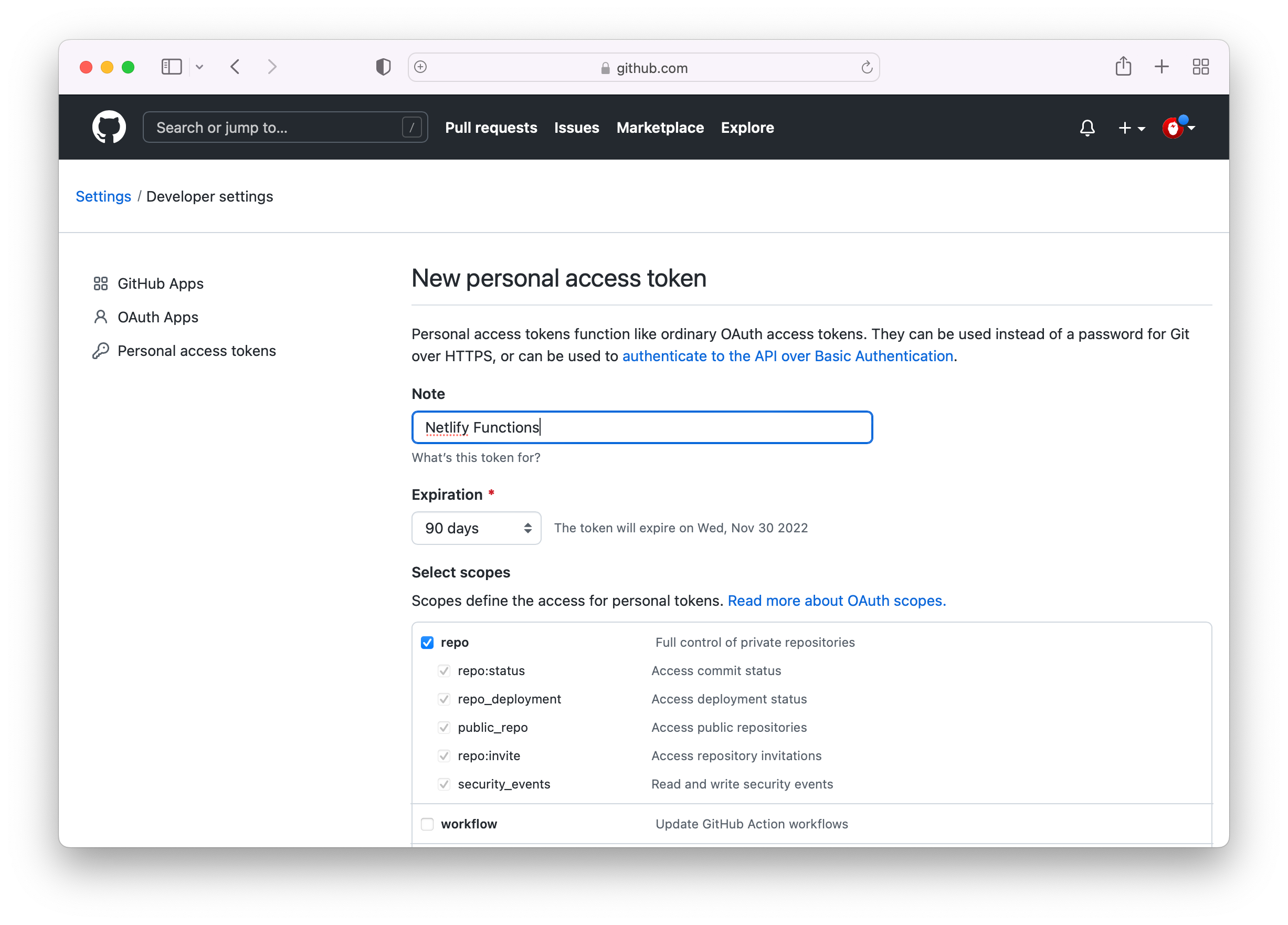 GitHub personal access token form with the repo scope selected