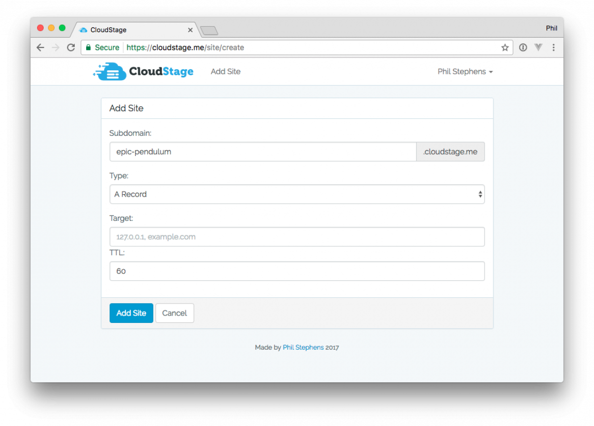 CloudStage form for creating a staging subdomain and DNS record