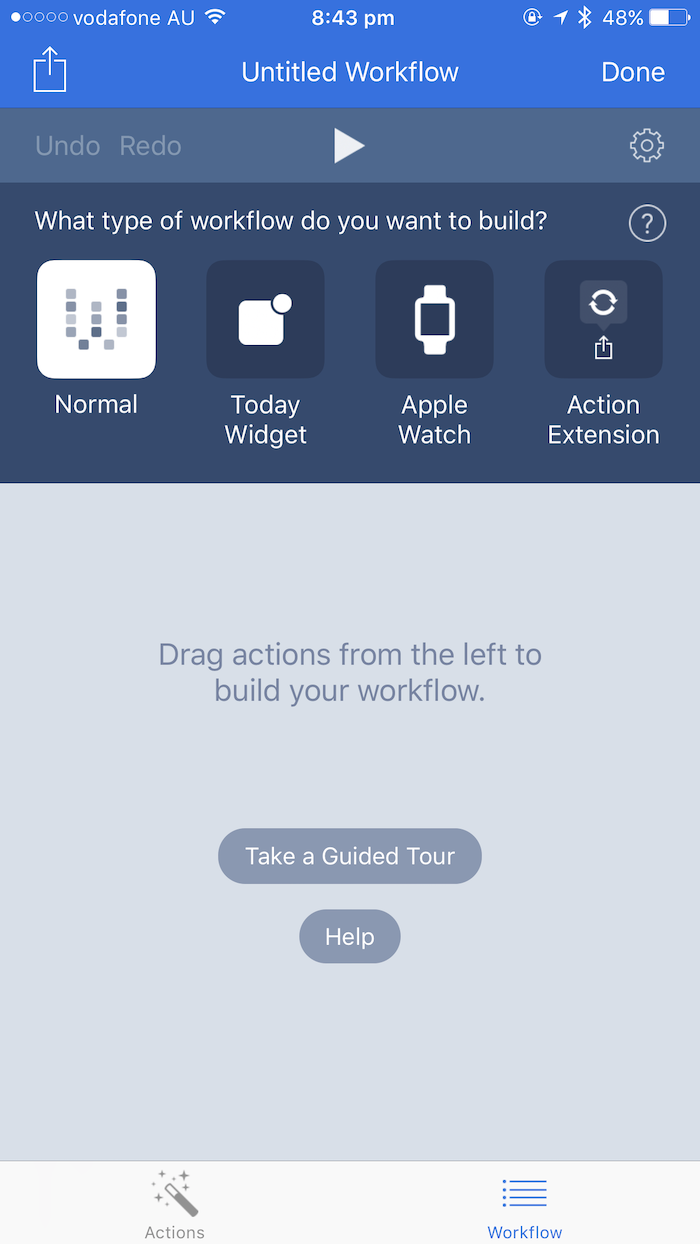 A blank Workflow editor on an iPhone
