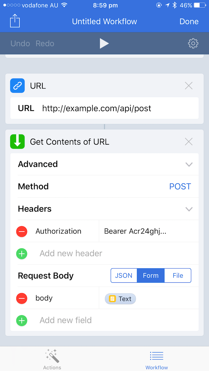 Completed Workflow with a POST request, authorization header and request body