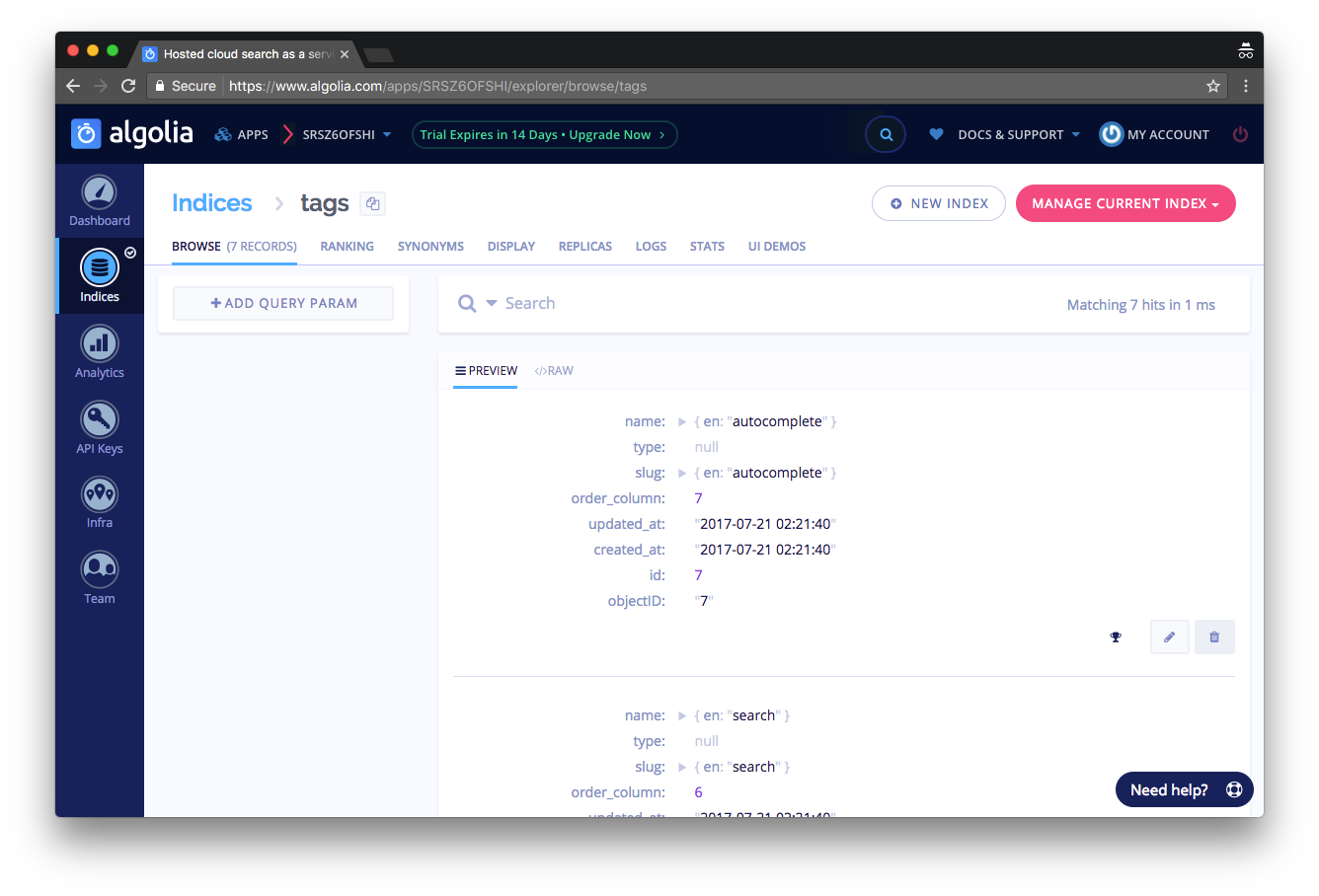 Algolia dashboard showing records in the tags index