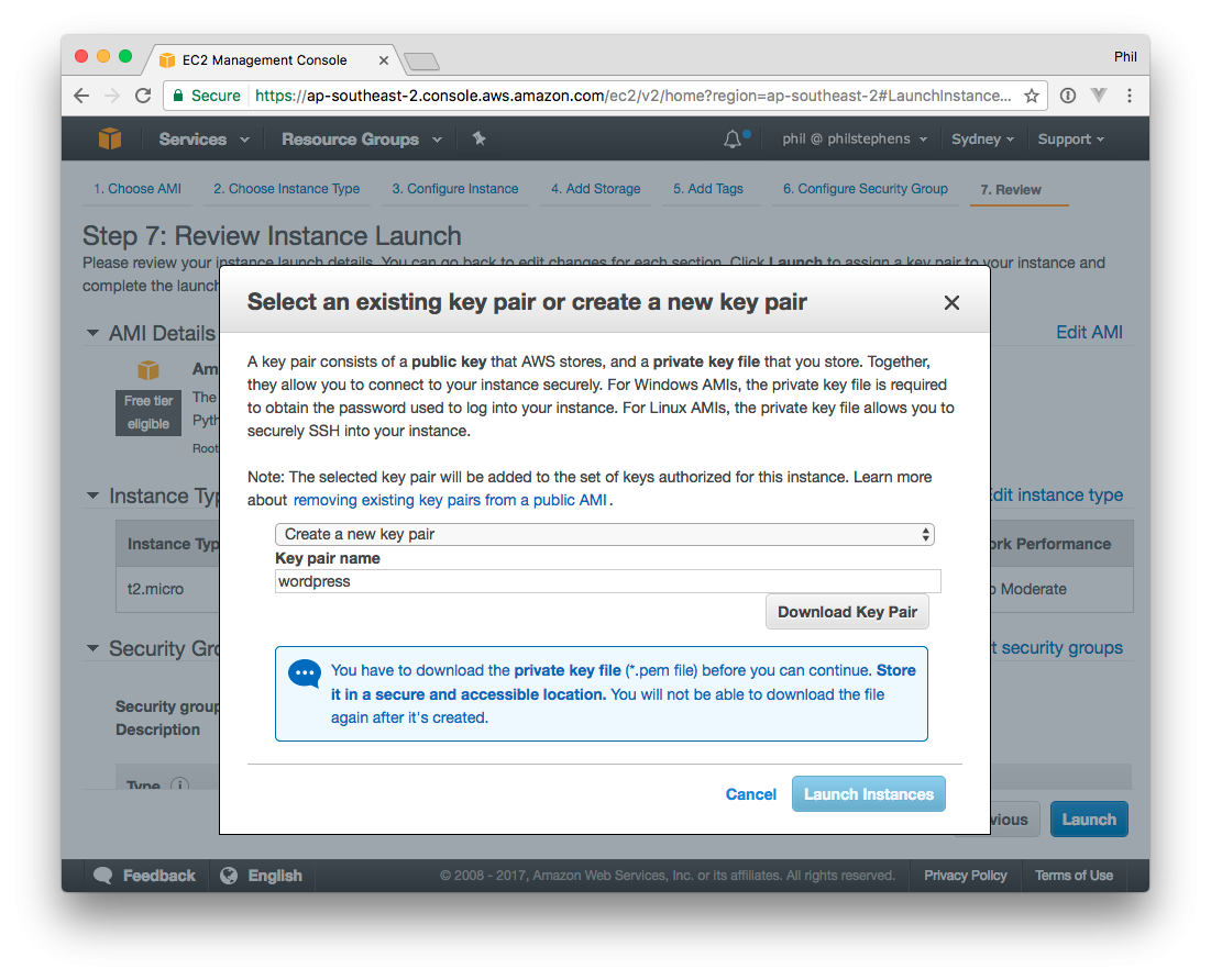 AWS EC2 dialog for creating and downloading a new SSH key pair
