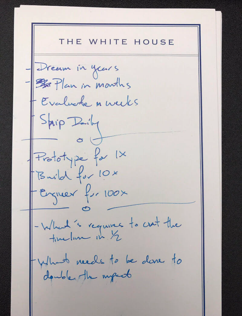 DJ Patil's handwritten execution framework: dream in years, plan in months, evaluate in weeks and ship daily