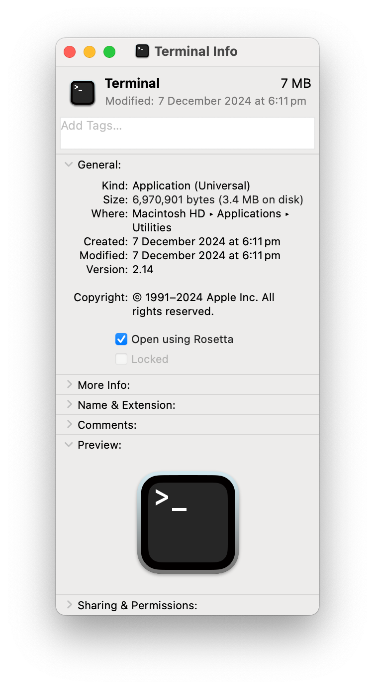 macOS Get Info window for Terminal with Open using Rosetta selected